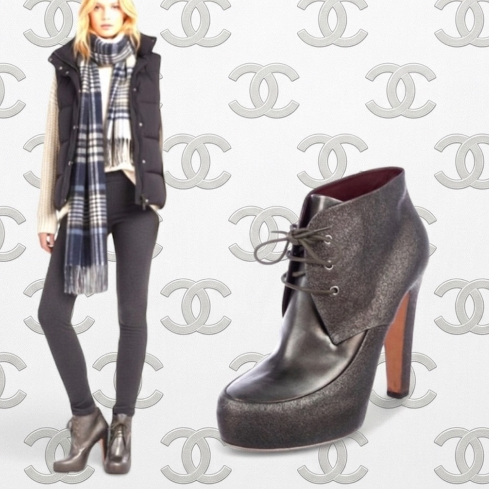 Authentic Chanel luxury designer Gunmetal
metallic textured leather boots sz 9